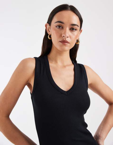 ASOS DESIGN longline ribbed v neck vest in black - view 1