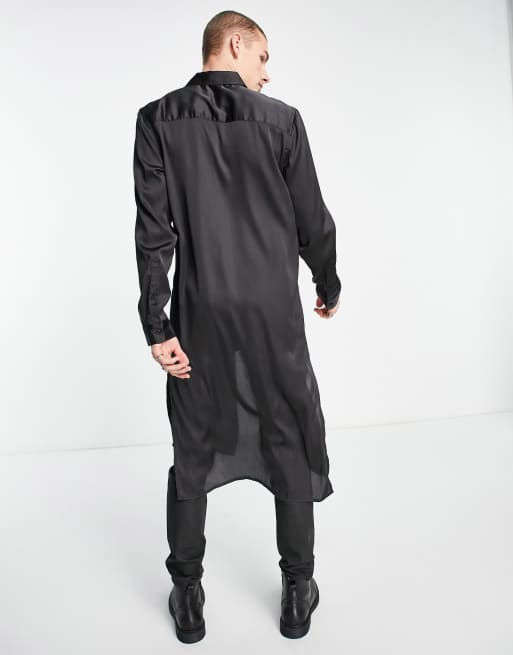 ASOS DESIGN longline satin shirt in black