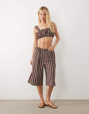 Longline-Schlupfshorts aus Leinenmix in gestreiftem Braun, Kombiteil-Mehrfarbig Mehrfarbig S