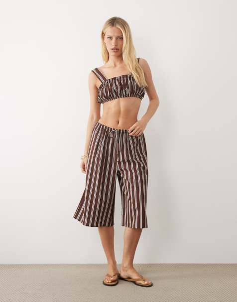 ASOS DESIGN – Longline-Schlupfshorts aus Leinenmix in gestreiftem Braun, Kombiteil - view 1