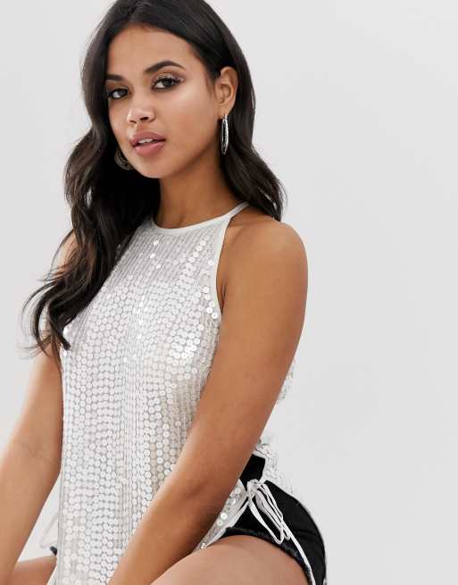 ASOS DESIGN longline sequin top with tie sides