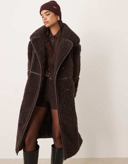 ASOS DESIGN longline shearling coat in chocolate