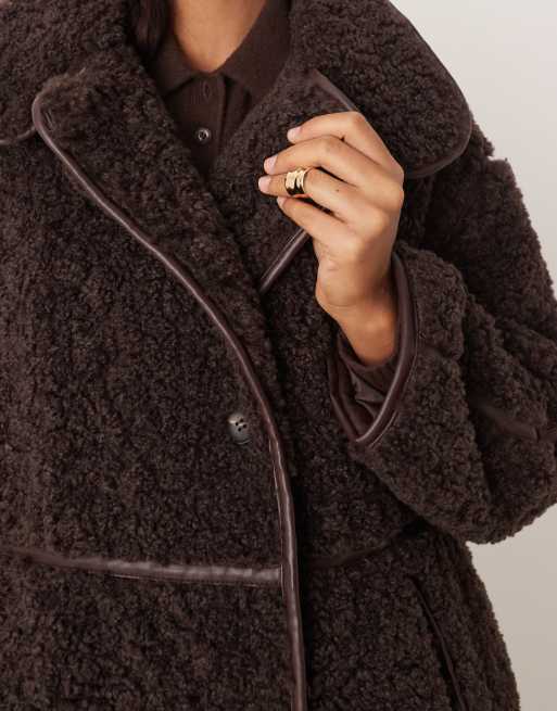 ASOS DESIGN longline shearling coat in chocolate