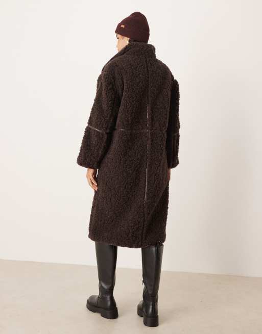 ASOS DESIGN longline shearling coat in chocolate