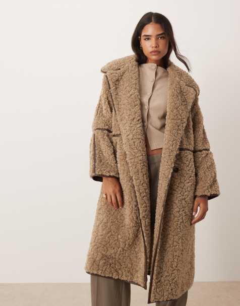 ASOS DESIGN longline shearling coat in oatmeal - view 1