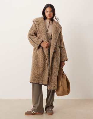 Asos Design Longline Shearling Coat In Brown