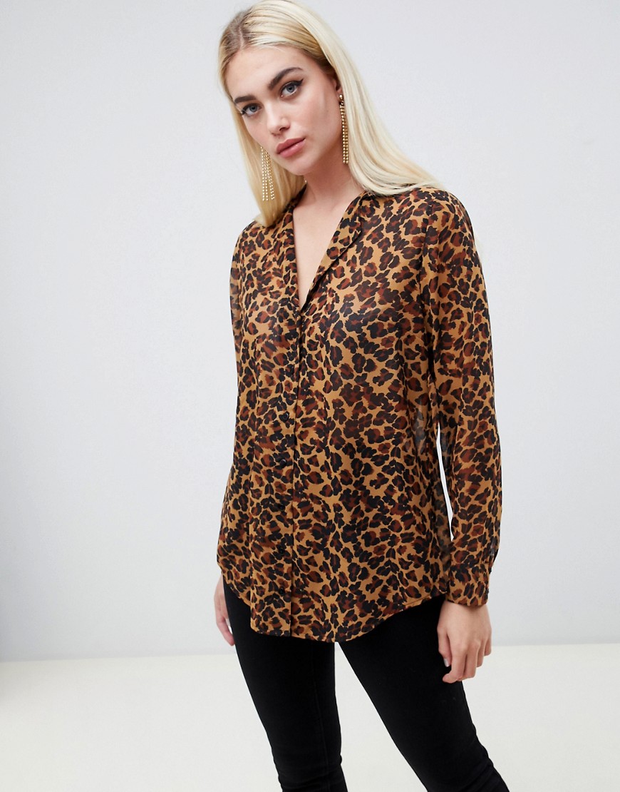 ASOS DESIGN longline sheer blouse in leopard animal print with long sleeve-Multi