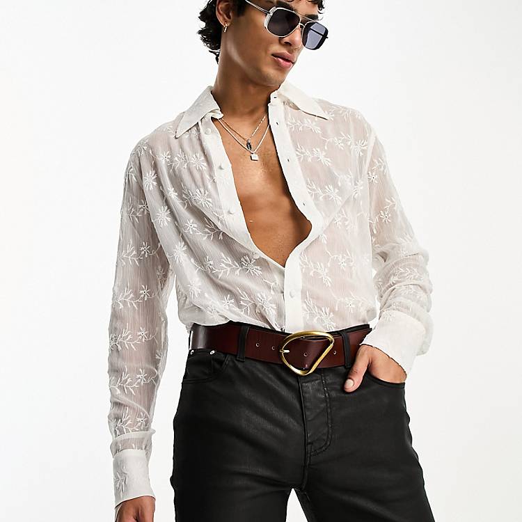 ASOS DESIGN longline sheer embroidered shirt with 70s collar in white