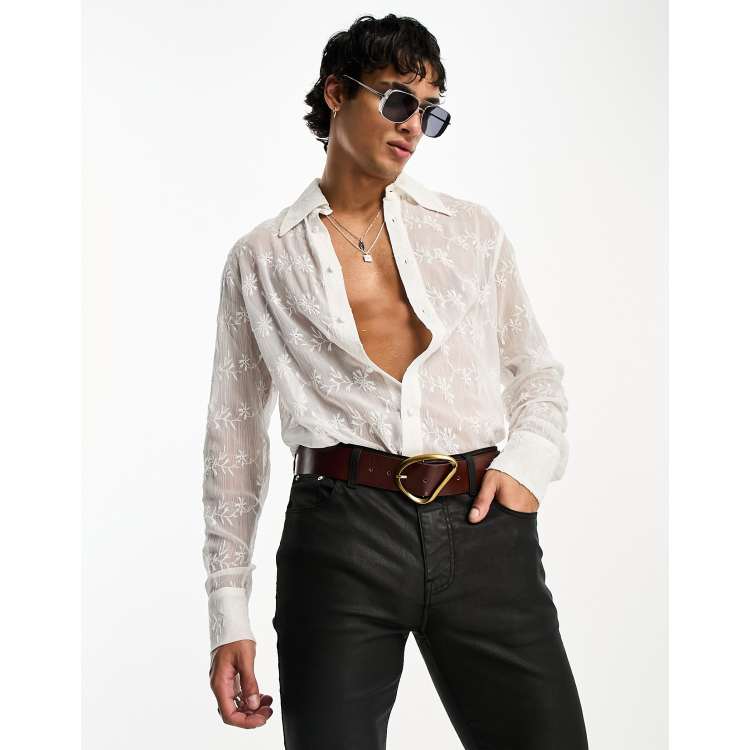 ASOS DESIGN longline sheer embroidered shirt with 70s collar in white