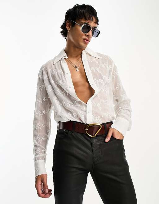 ASOS DESIGN longline sheer embroidered shirt with 70s collar in