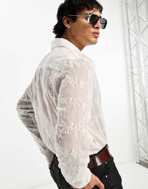 トップス SHEER EMBROIDERED SHIRT Womens Mesh Sheer Tops Floral Embroidery Sexy Casual Button