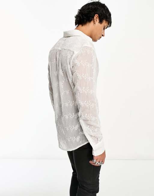 ASOS DESIGN longline sheer embroidered shirt with 70s collar in