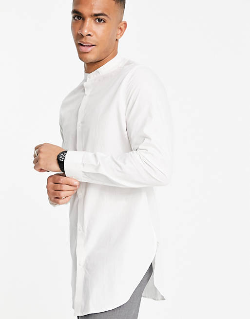 Shirts longline shirt in white with grandad collar 