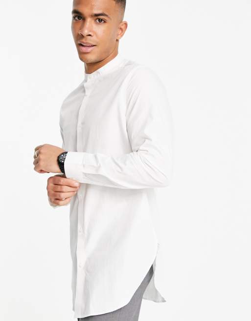 ASOS DESIGN longline shirt in white with grandad collar