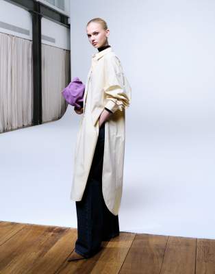 Asos Design Longline Shirt With Dolphin Hem In Neutral