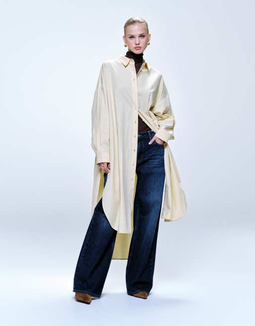 ASOS DESIGN longline shirt with dolphin hem in butter yellow, 4 of 4