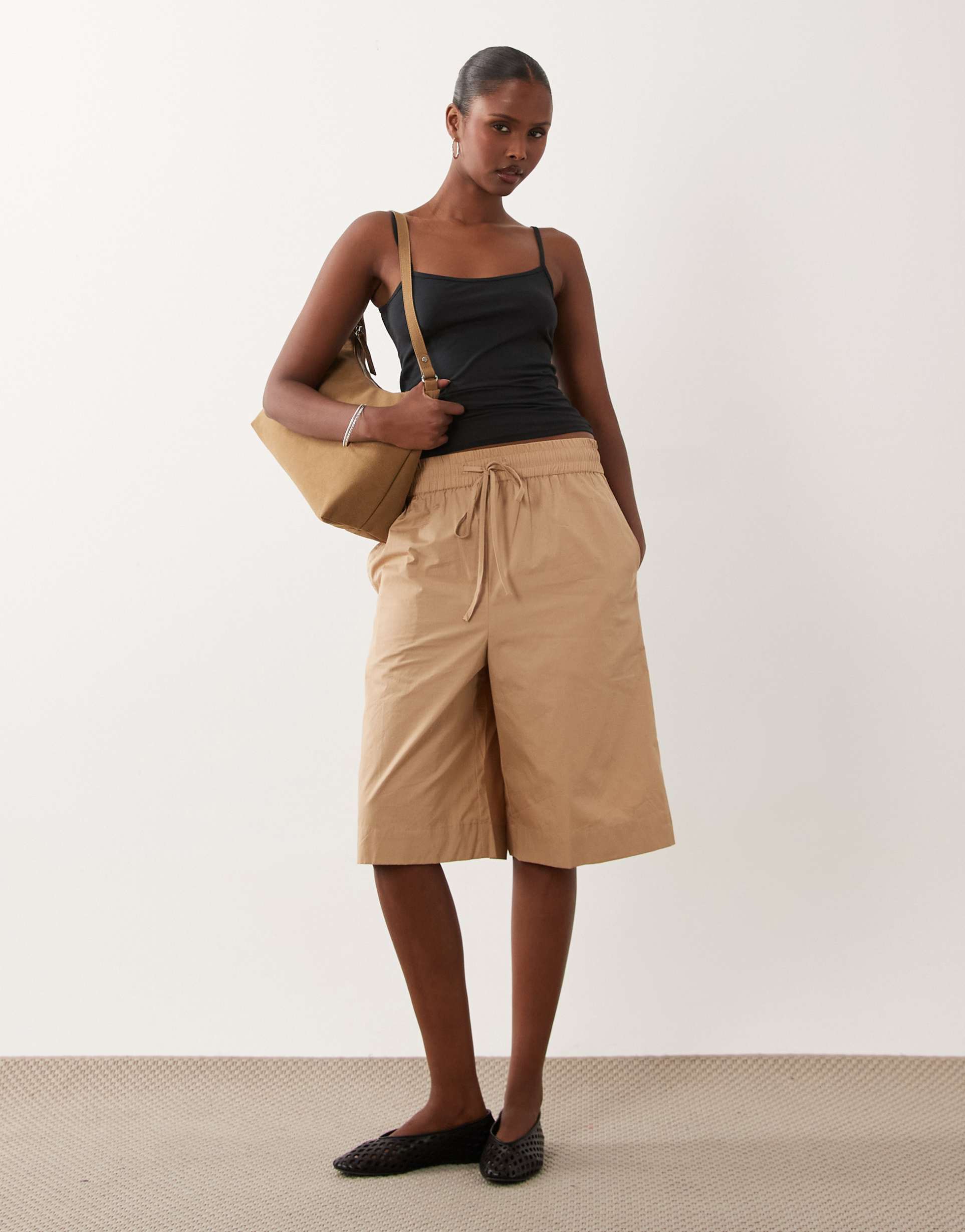 asos design longline shorts in camel