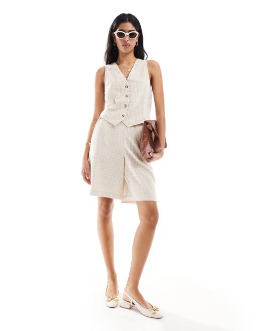ASOS DESIGN longline shorts with linen in natural plaid - part of a set
