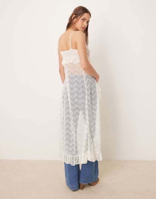 ASOS DESIGN - Caraco long fendu à volants et devant en dentelle - Blanc