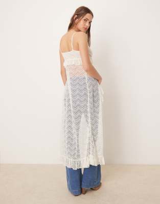 ASOS DESIGN - Caraco long fendu à volants et devant en dentelle - Blanc