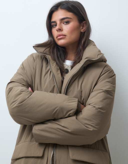 ASOS DESIGN Longline-Steppjacke mit Kapuze in Pilzbraun, 3 von 4