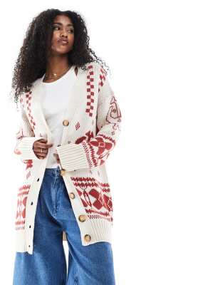 ASOS DESIGN - Longline-Strickjacke mit V-Ausschnitt und Folk-Muster in Rostrot-Rotbraun