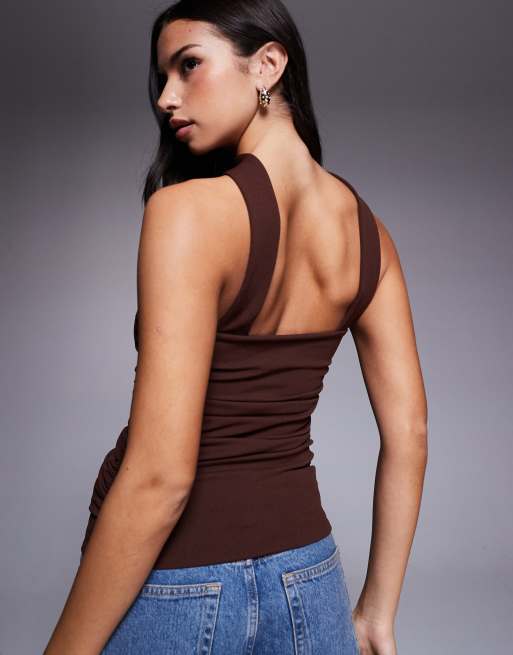 ASOS DESIGN longline structured bandeau top with scarf neck detail in chocolate, 2 of 4