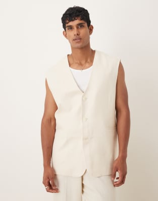 ASOS DESIGN longline suit waistcoat with linen in white