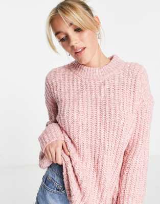 Asos Design Chunky Sweater With Crew Neck In Textured Stitch In Pink