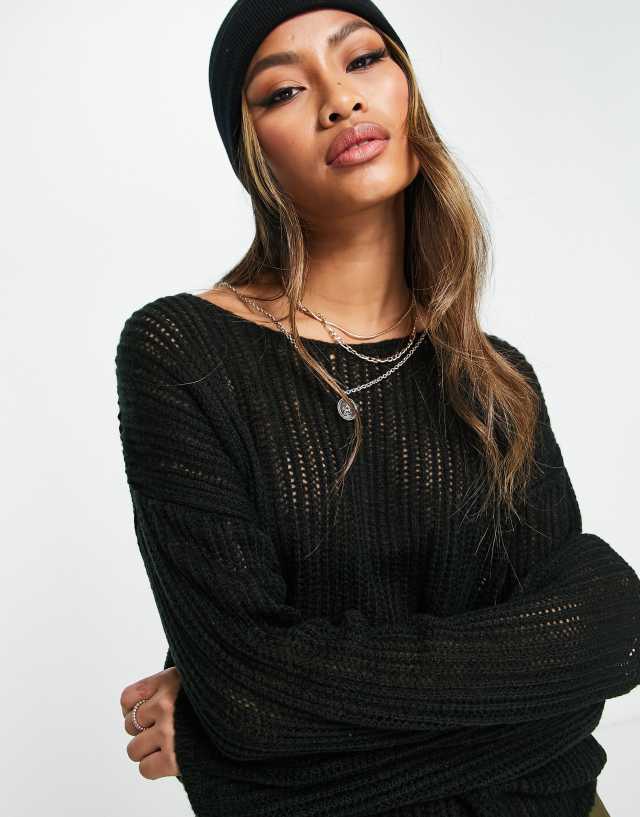 ASOS DESIGN longline sweater in open stitch in black