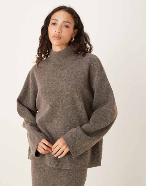 ASOS DESIGN longline sweater with funnel neck in mushroom
