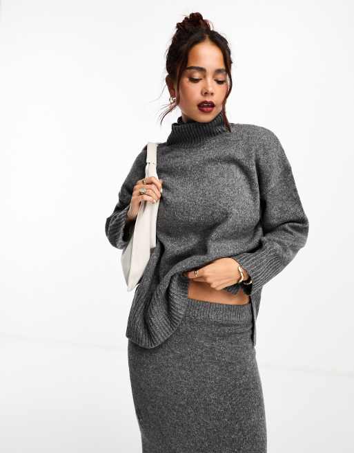 ASOS DESIGN longline sweater with high neck in charcoal