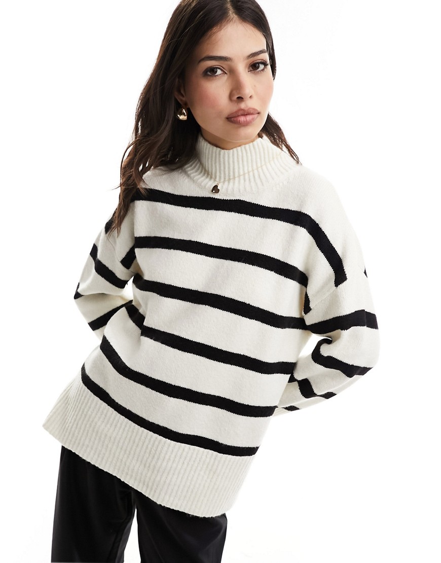 longline sweater with high neck in cream and black stripe-Multi