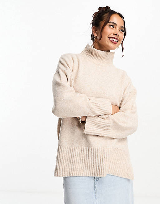 ASOS DESIGN longline sweater with high neck in oatmeal | ASOS