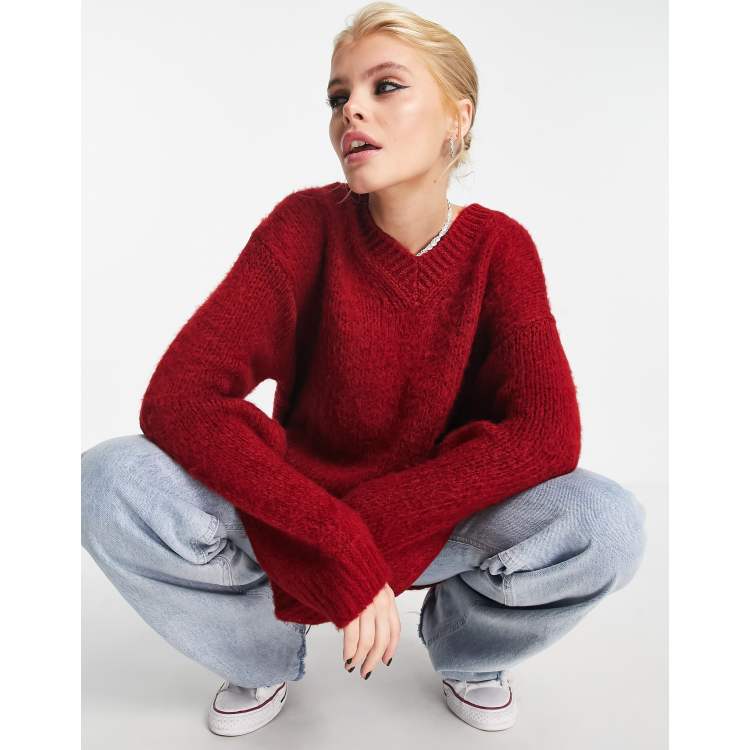 ASOS DESIGN longline sweater with V neck in brushed yarn in dark red