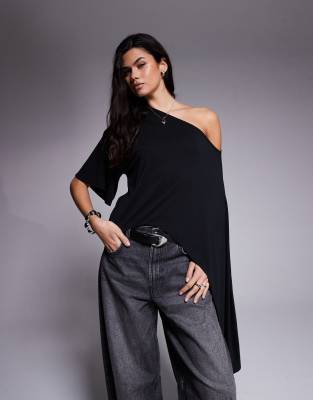 ASOS DESIGN - Longline-T-Shirt aus Modal in Schwarz mit drapiertem One-Shoulder-Design