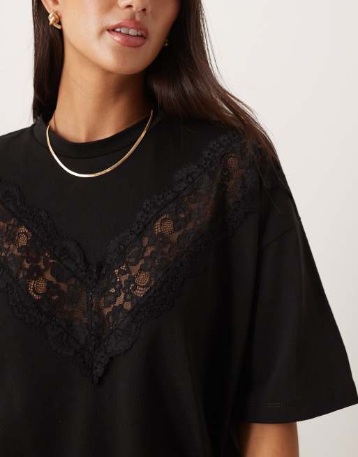 ASOS DESIGN – Longline-T-Shirt aus schwerem Material in Schwarz mit Spitzeneinsatz, 3 von 4