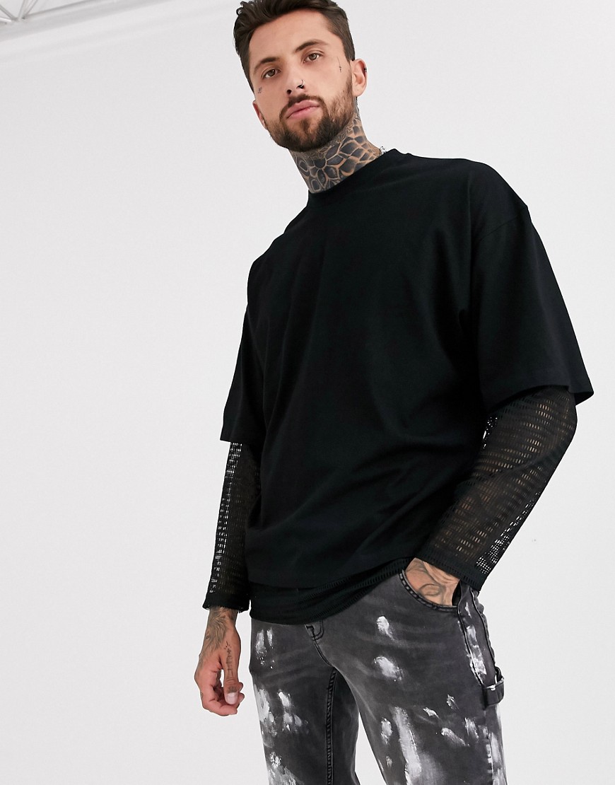 ASOS DESIGN – Longline t-shirt i oversize-modell med lång ärm och mesh-Svart