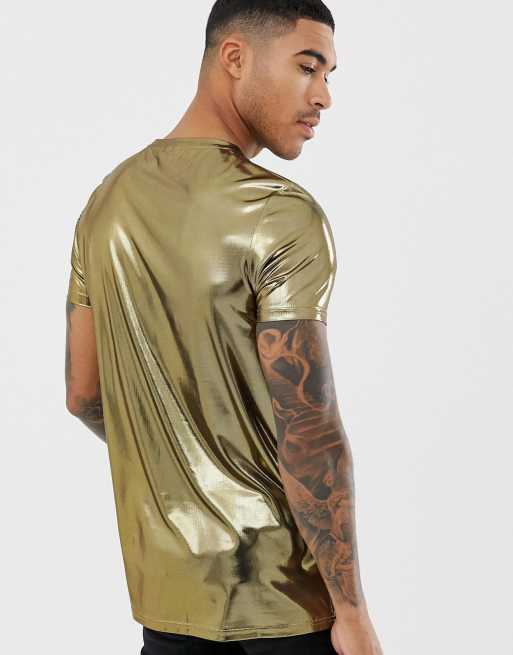 ASOS DESIGN longline t shirt in metallic fabric in gold