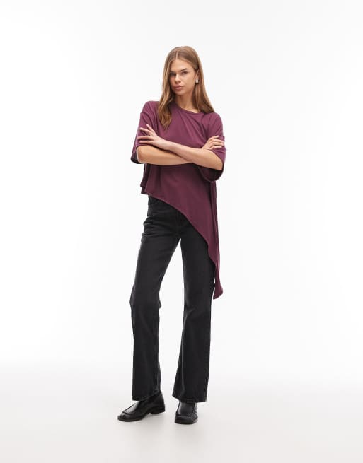 ASOS DESIGN – Longline-T-Shirt in Pflaume mit langem drapiertem Detail vorne, 2 von 4
