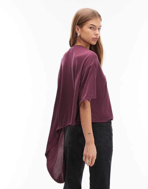 ASOS DESIGN – Longline-T-Shirt in Pflaume mit langem drapiertem Detail vorne, 4 von 4