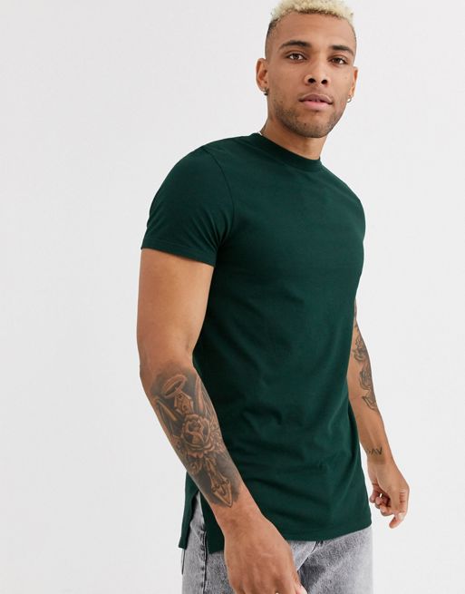 ASOS DESIGN longline t-shirt with crew neck and side splits in green | ASOS