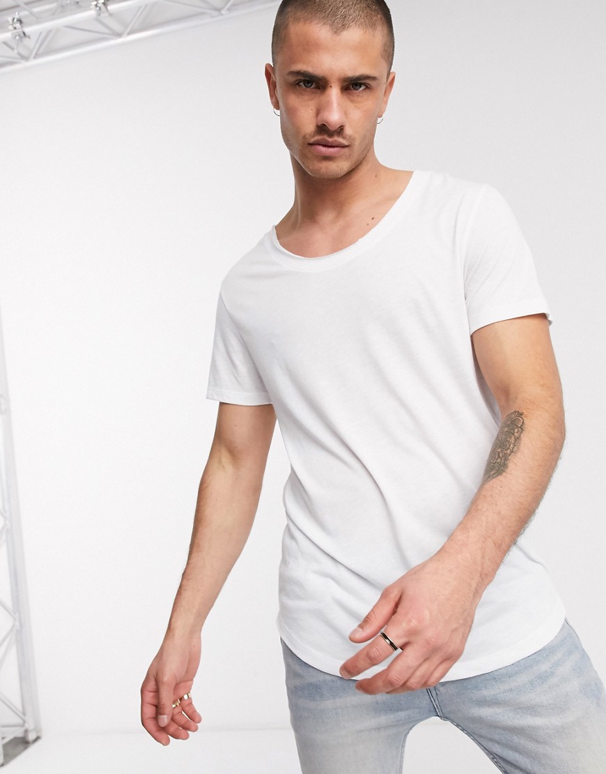 ASOS DESIGN longline t-shirt with curved hem and scoop neck in white linen mix