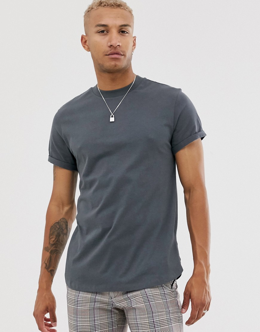 ASOS DESIGN longline t-shirt with roll sleeve and side split in washed black-Grey