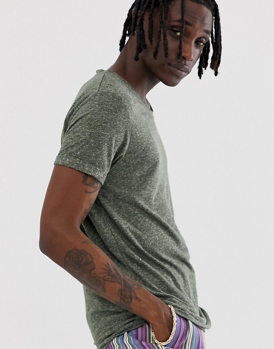 ASOS DESIGN longline t-shirt with scoop neck and curved hem in linen mix-Green