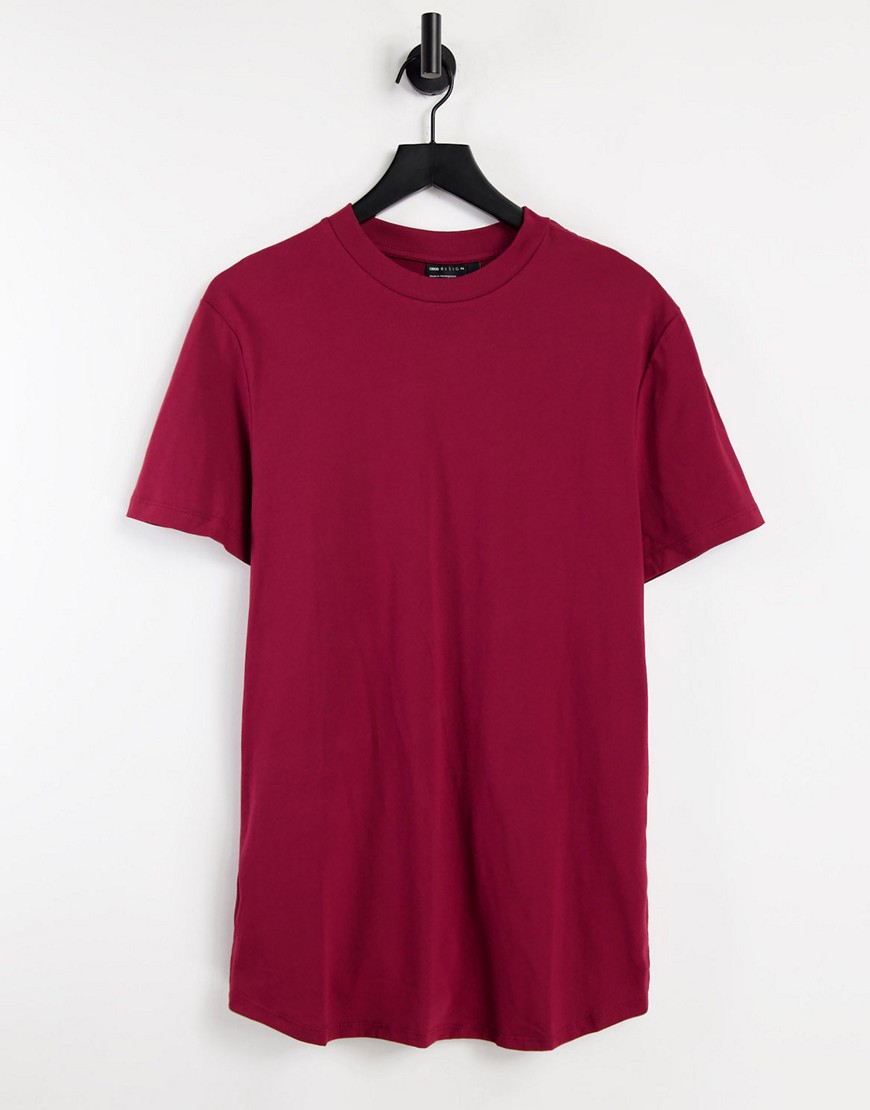 ASOS DESIGN longline T-shirt with side slits in burgundy-Red