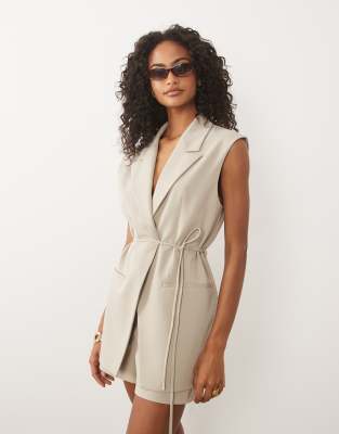 ASOS DESIGN longline tailored waist coat with tie belt in stone co-ord