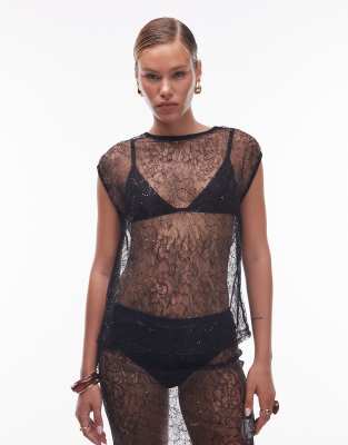 ASOS DESIGN - Longline-Tanktop aus transparentem Netzstoff mit Paillettenbesatz in Schwarz, Kombiteil