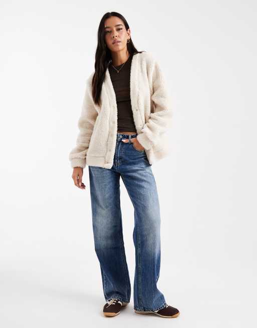 ASOS DESIGN longline teddy fleece oversized cardigan in cream, 3 of 4