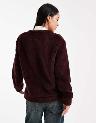 Asos Design Longline Teddy Fleece Oversized Cardigan In Brown